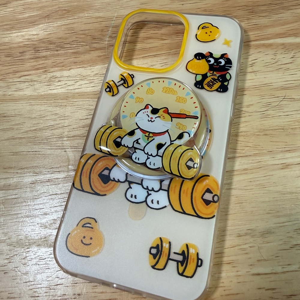 iPhone 16 Pro Max Cute Cat Weightlifting Phone Case - Yellow